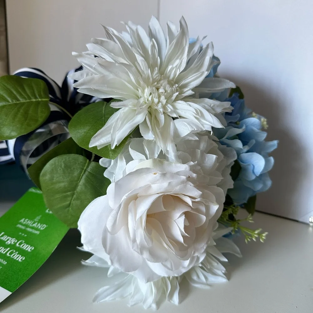 New with Tags Blue & White Artificial Floral Cone Arrangement with Striped Bow